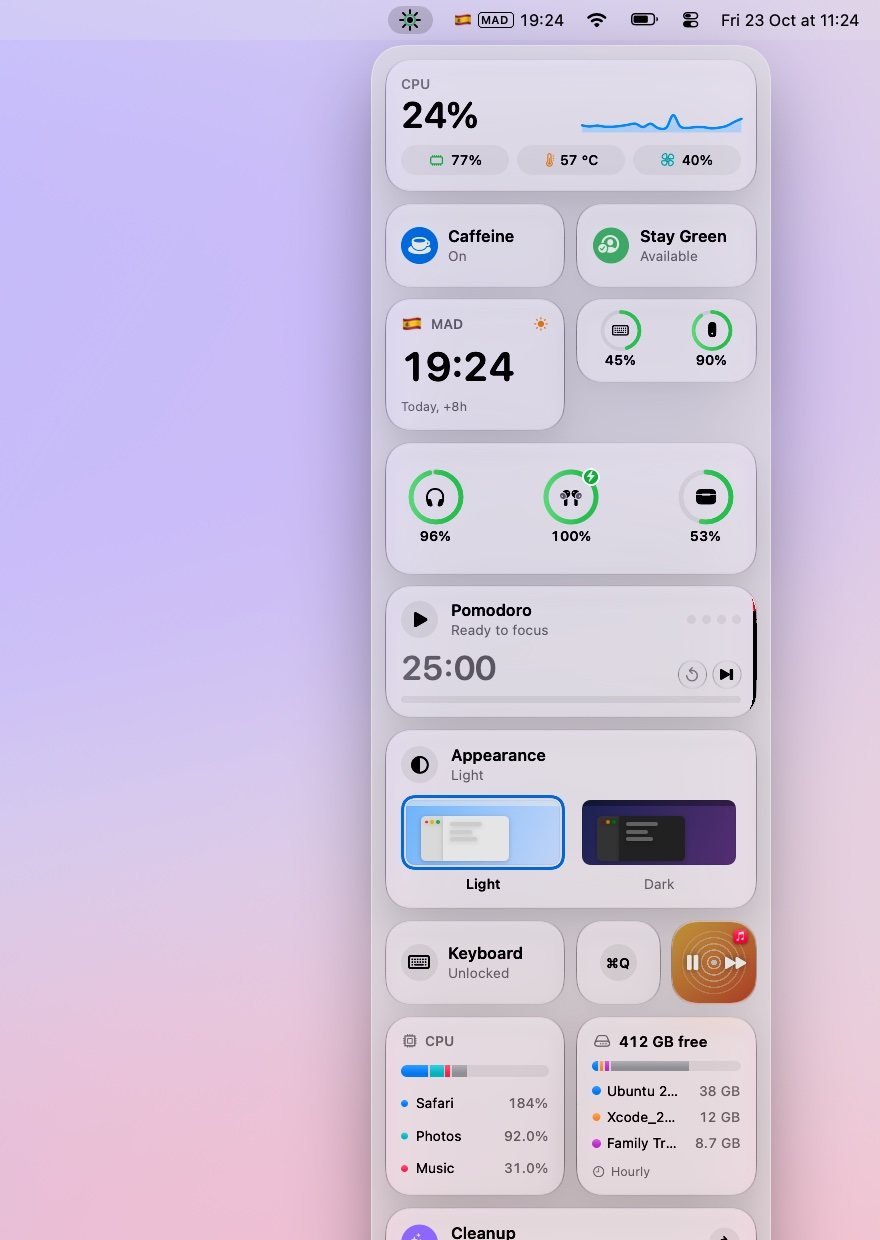 Lumina’s panel open below its menu bar icon, with CPU, Caffeine, Stay Green, a world clock, batteries, Pomodoro and Appearance